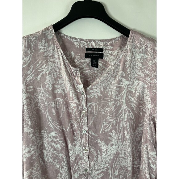 Tahari 100% Linen Shirt Women Size 2X Button Up Long Roll Tab Sleeve Floral - Picture 2 of 8